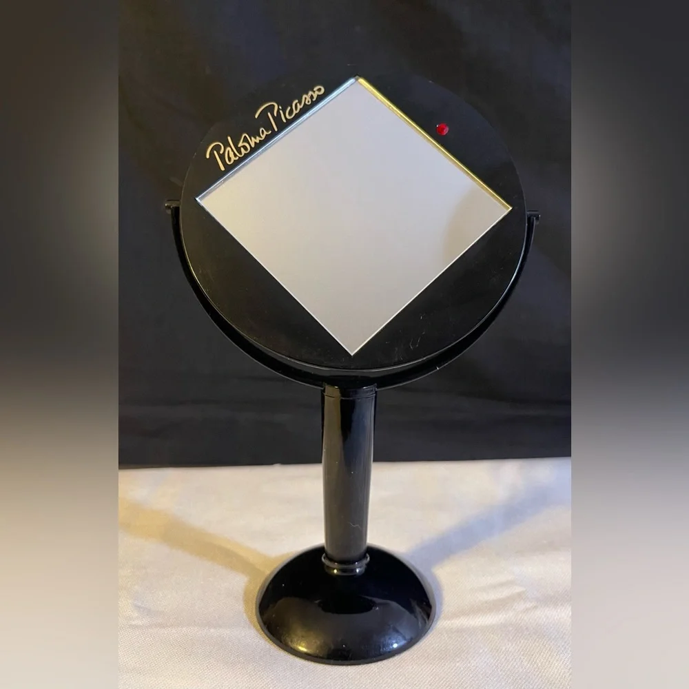 Vintage Paloma Picasso Black Plastic Vanity Mirror on Stand Red Rhinestone